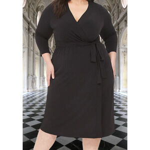 NWT Lane Bryant Dress Womens 22-24 Black 3/4-Sleeve Faux-Wrap Jersey Midi Career